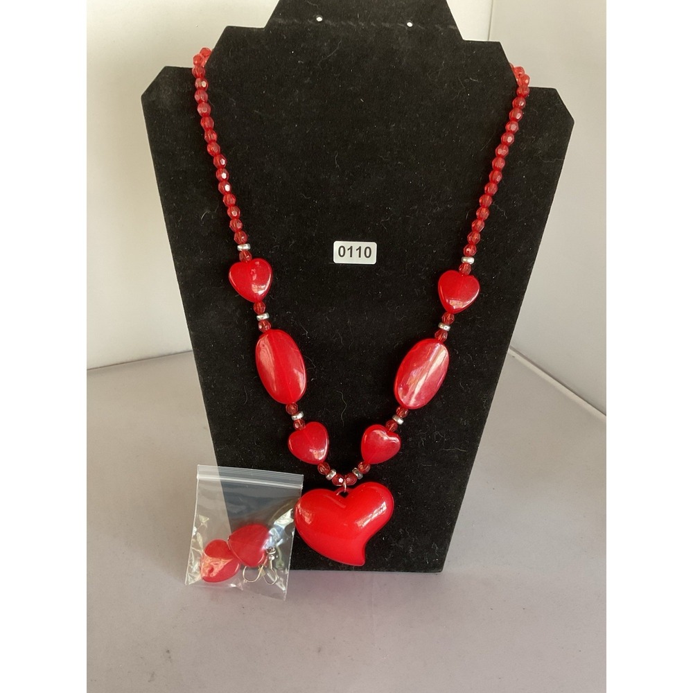 Red Resin Heart Shaped Bead Necklace With Matching Earrings